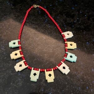 Vintage Novelty Acrylic Charm Choker Necklace Red Beads Multi Color Cut Out Tabs
